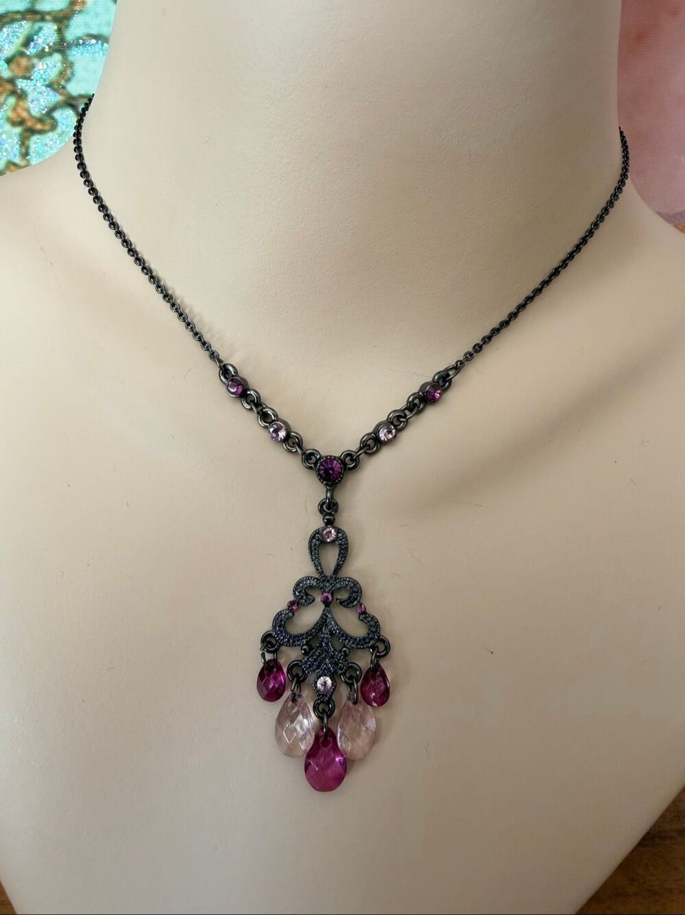 Vintage 1928 Pink Crystal Chandelier Pendant Necklace